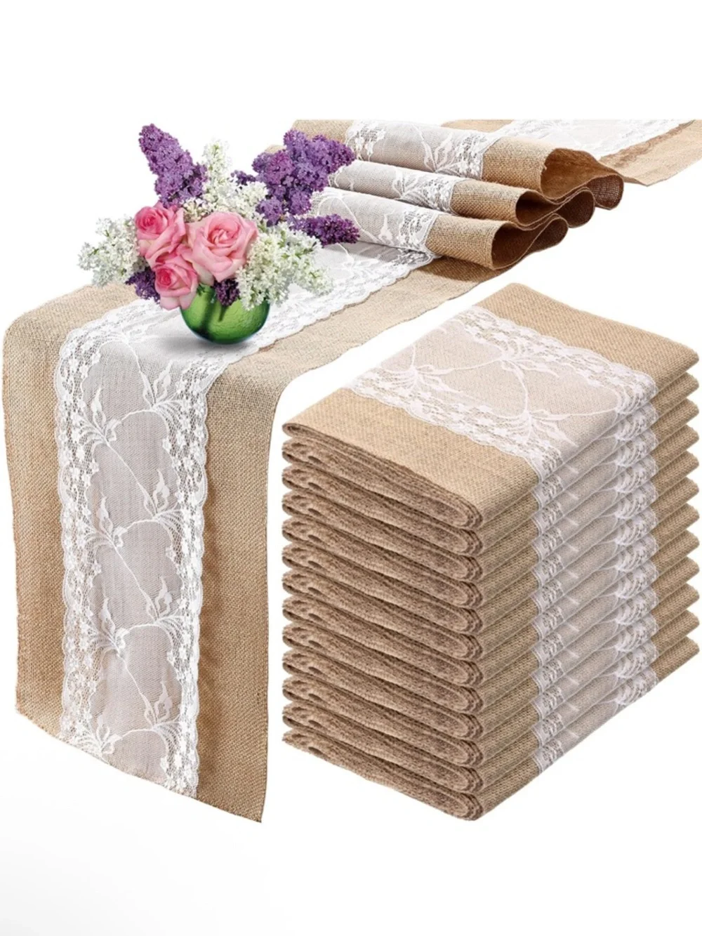 12 Burlap Lace Table Runners - 12 count - Picture 2 of 4